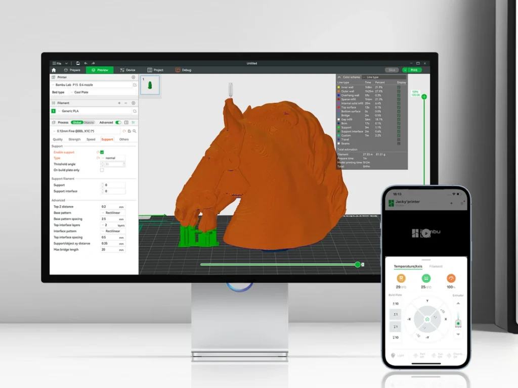 Окно Bambu Studio на мониторе и приложение Bambu Handy на телефоне для управления Bambu Lab A1 mini, рендер производителя