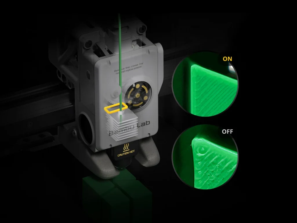 Печатающая голова Bambu Lab A1 mini Combo и угол модели с компенсацией потока и без неё