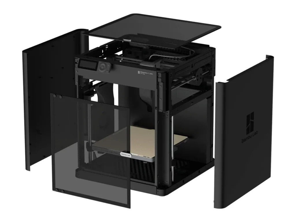 Разнесённый вид закрытого корпуса Bambu Lab P1S AMS 2 Pro Combo: панели, стеклянная дверь и крышка