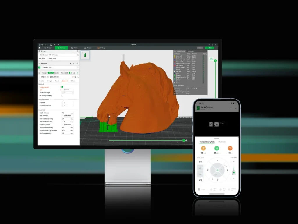 Bambu Studio на компьютере и Bambu Handy на телефоне для Bambu Lab P1S Combo