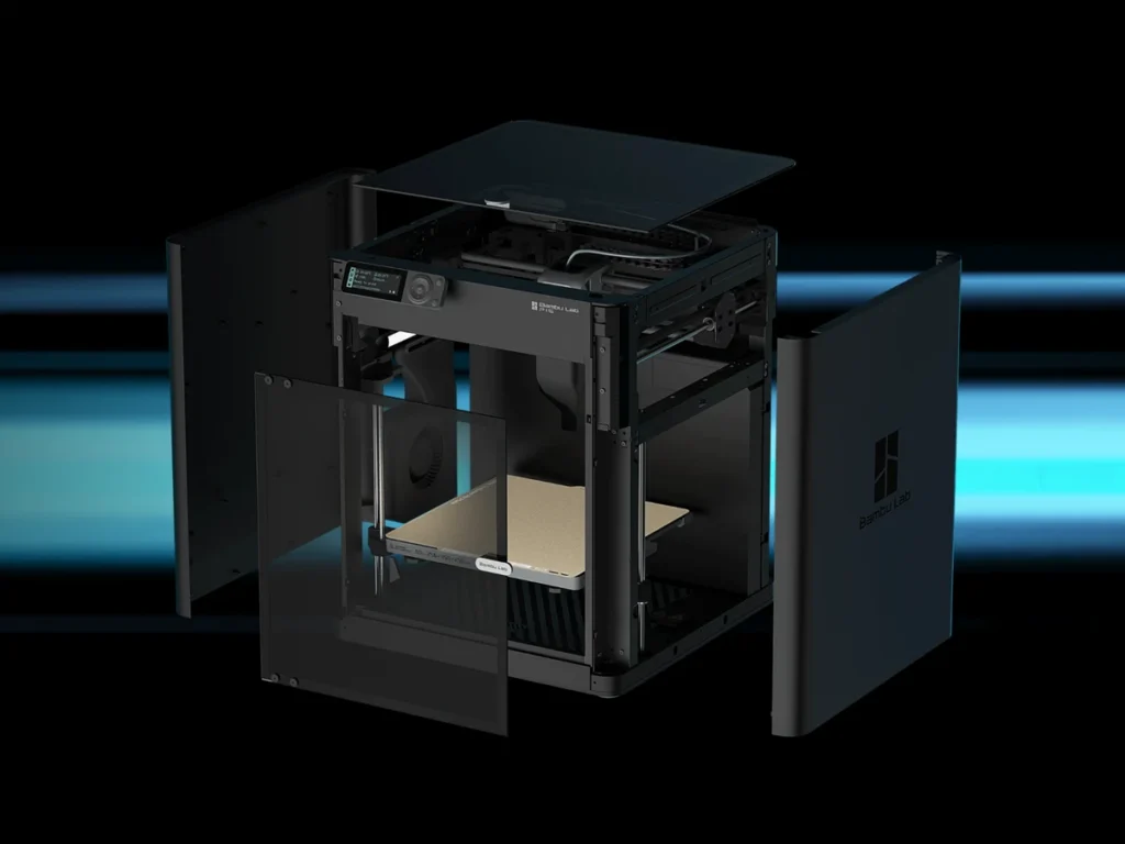 Корпус Bambu Lab P1S Combo в разборе: стальной каркас, боковые панели и стеклянная дверь