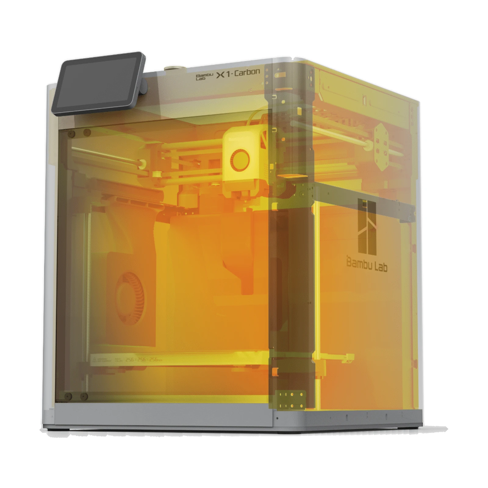 Bambu Lab X1 Carbon (X1C) - FDM 3D-принтер с закрытым корпусом спереди слева: прозрачный разрез камеры, голова и стол