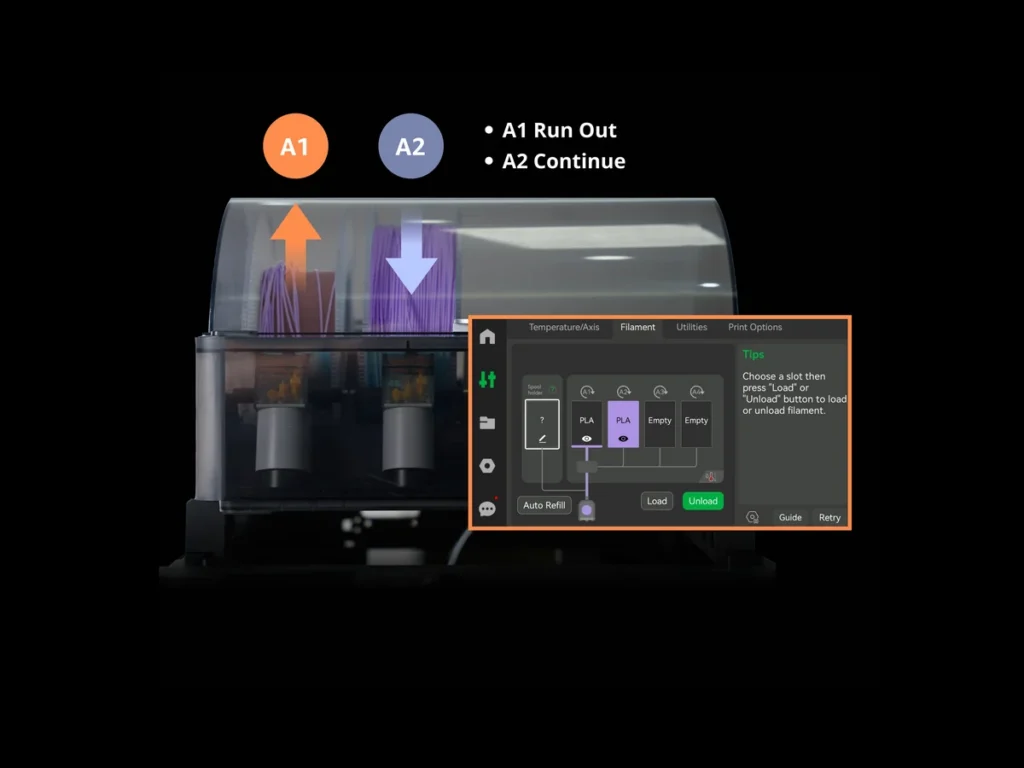 Автоматическая смена катушки в AMS Bambu Lab X1E: одна заканчивается, вторая продолжает