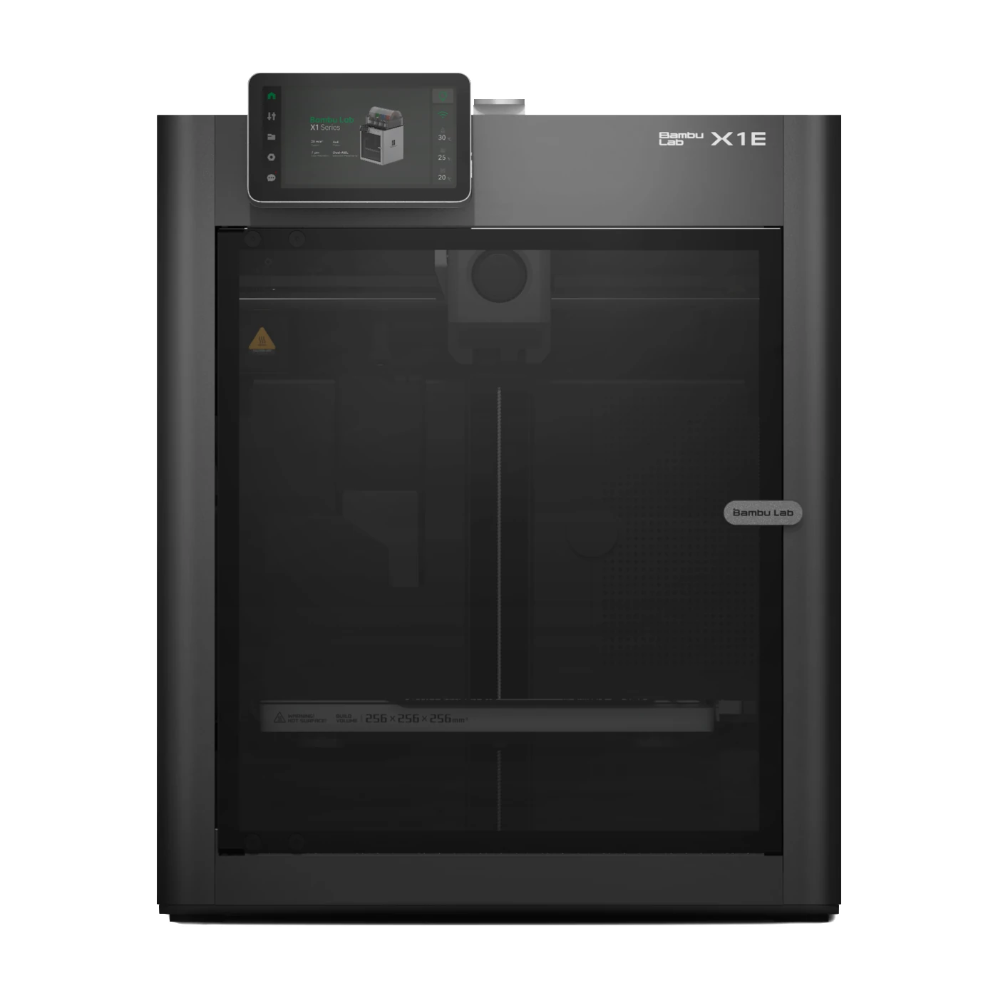 Bambu Lab X1E спереди: закрытый корпус со стеклянной дверью и сенсорным экраном