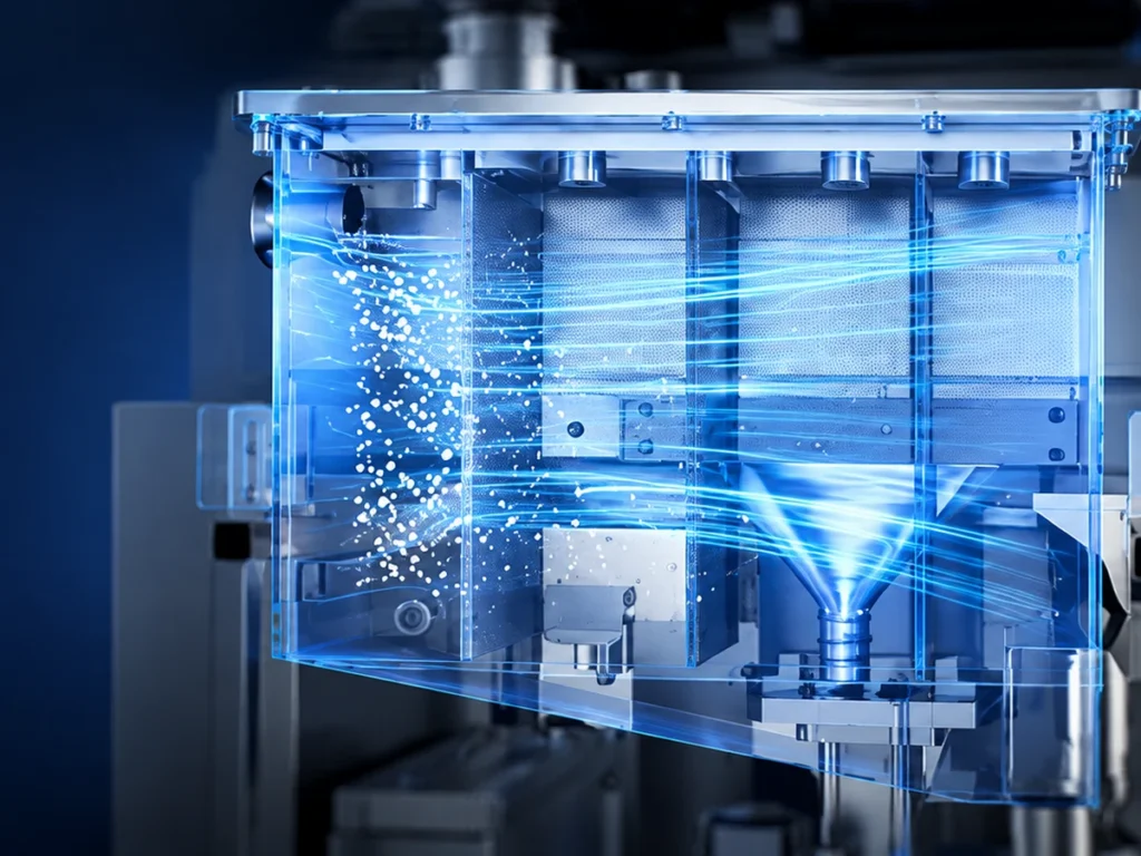 Поток газа в прозрачной рабочей камере 3D-принтера FastForm FF-M140, рендер FastForm