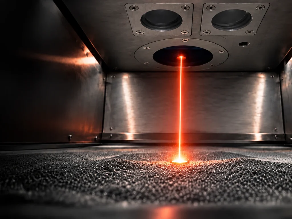 Луч лазера 500 Вт над слоем порошка в рабочей камере 3D-принтера FastForm FF-M140, рендер FastForm