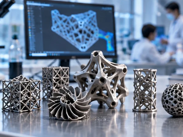 Решётчатые металлические детали в лаборатории, печать на 3D-принтере FastForm FF-M140, рендер FastForm