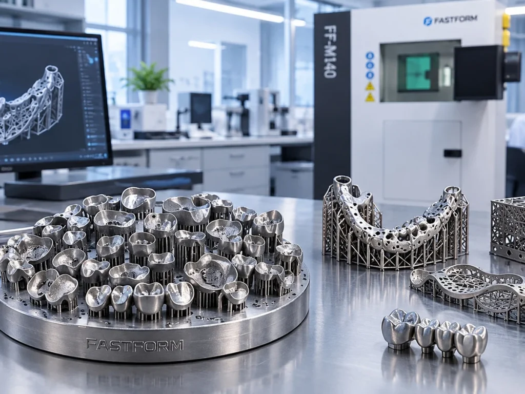 Коронки и мосты на опорной плите рядом с 3D-принтером FastForm FF-M140, рендер FastForm