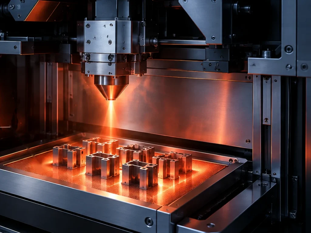 Подогретая платформа с деталями под лазером в рабочей камере FastForm FF-M140H, рендер FastForm
