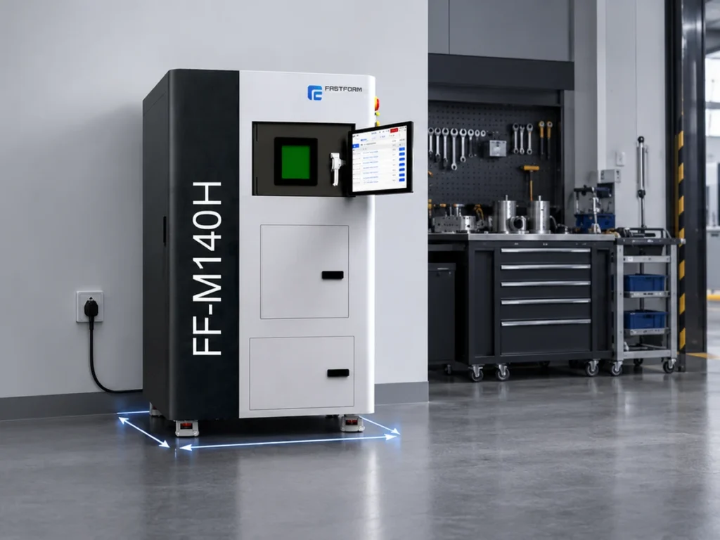 FastForm FF-M140H в мастерской, вилка питания в розетке 220 В, рендер FastForm