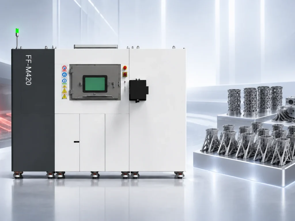 Партия металлических деталей рядом с аддитивной установкой FastForm FF-M420Q (FF-M420), рендер FastForm