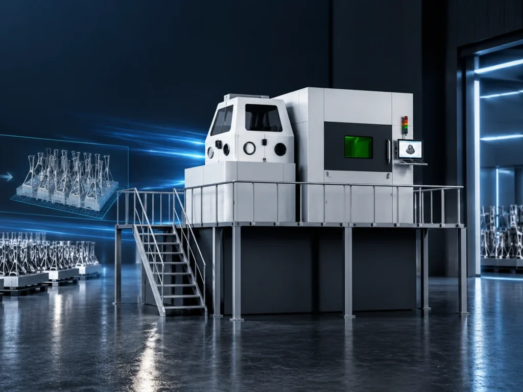 Многолазерный 3D-принтер FF-M800 и партия напечатанных деталей, рендер FastForm