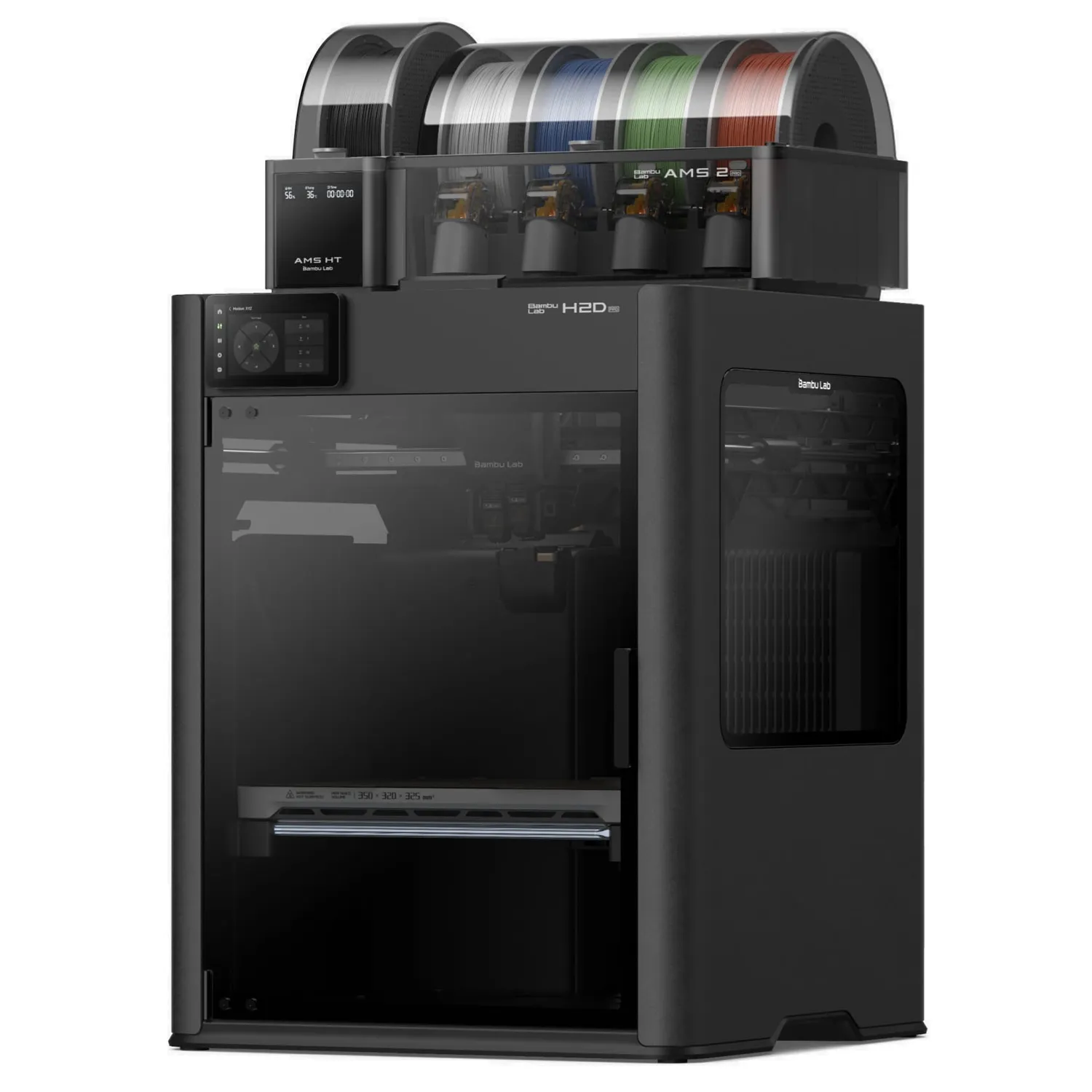 3D-принтер Bambu Lab H2D Pro Combo - вид спереди под углом, катушки в блоках AMS